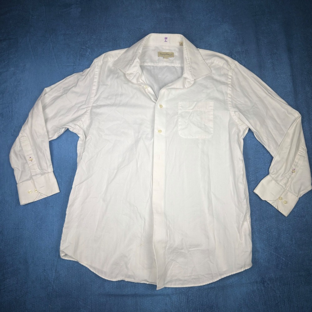 Tommy Bahama Mens White Herringbone Cotton Button Down Shirt Size 17 32-33